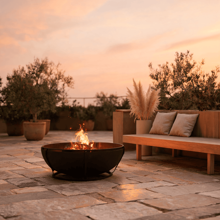 Brasero de jardin allumé sur une terrasse au crépuscule - Azeniah