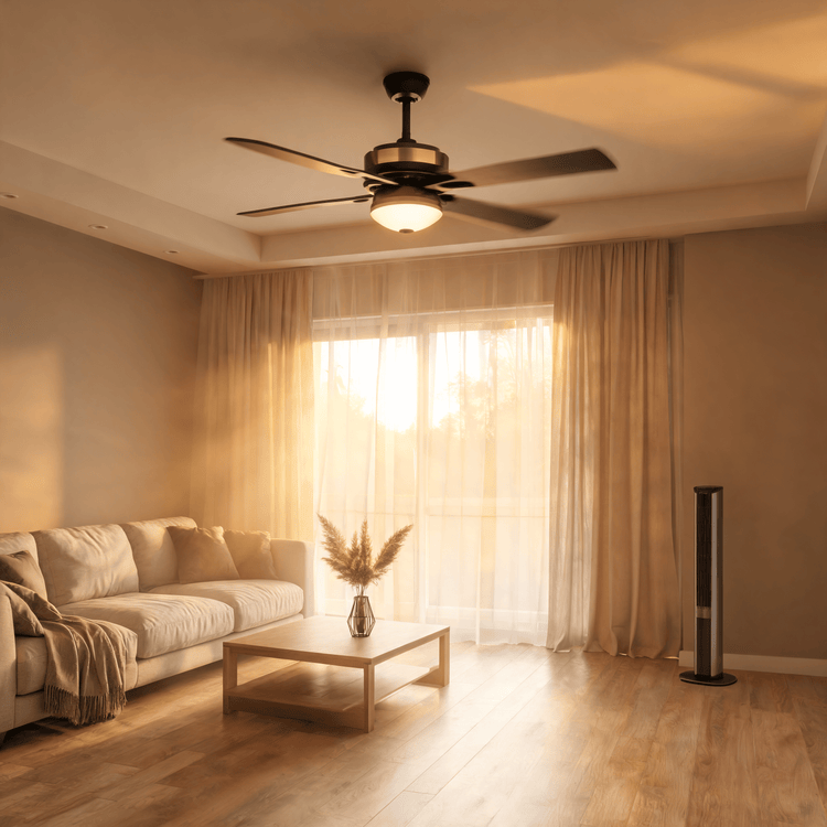 Climatisation et ventilation pour la maison, salon avec ventilateur de plafond et ventilateur colonne