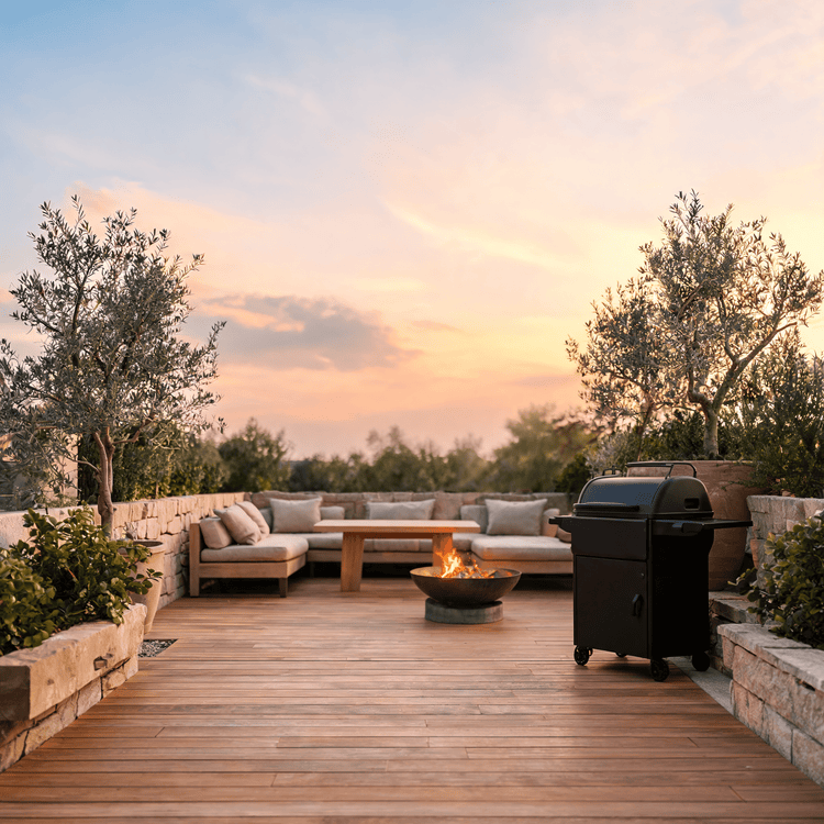 Terrasse de jardin avec brasero et barbecue au crépuscule - Azeniah