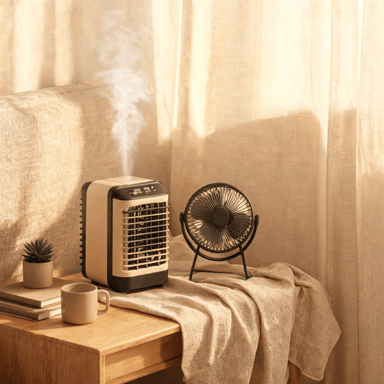 Rafraîchisseur d'air avec brume sur un bureau chaleureux