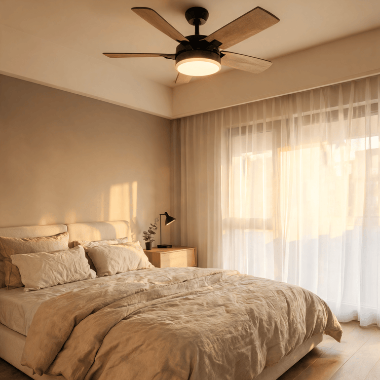 Ventilateur de plafond avec lumière LED dans une chambre chaleureuse