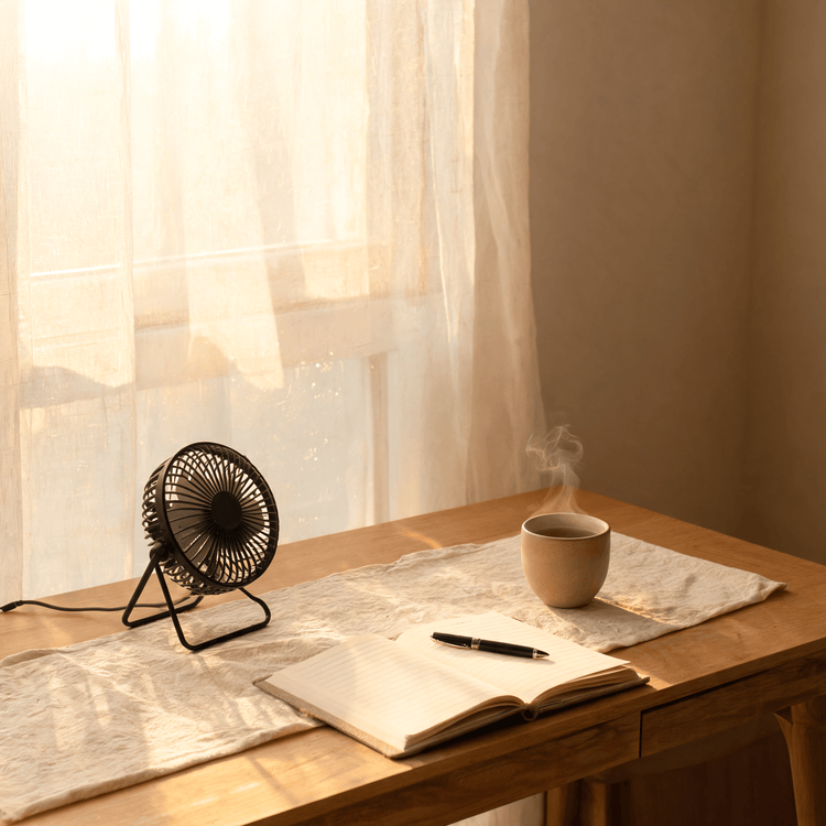 Ventilateur portable rechargeable sur un bureau lumineux