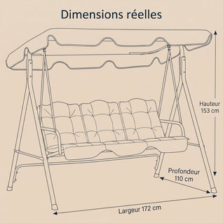 Balancelle de Jardin 3 Places Acier Toit Réglable Coussins | Veltisse