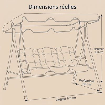 Dimensions de la balancelle de jardin 172 x 110 x 153 cm