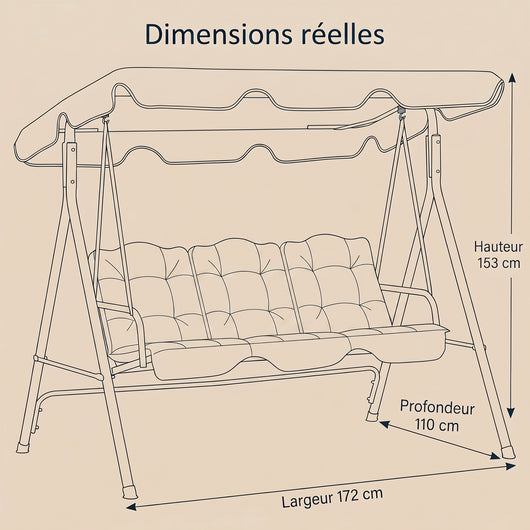 Dimensions de la balancelle de jardin 172 x 110 x 153 cm