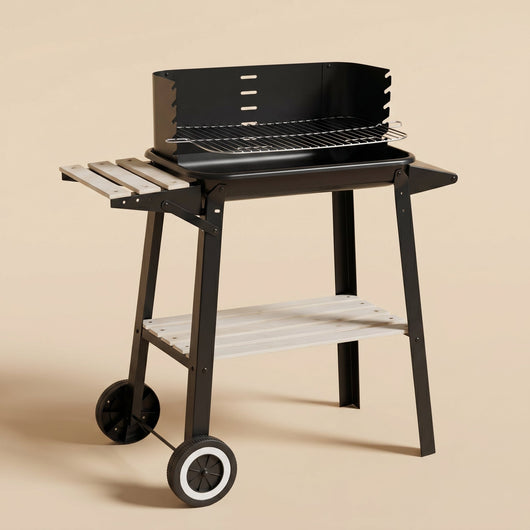 Barbecue charbon chariot Brivor avec pare-vent et étagères bois