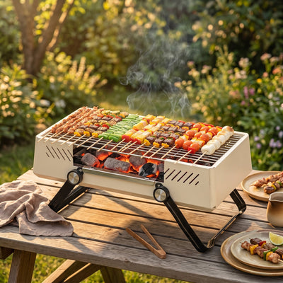 Barbecue charbon portable Savren sur une table de jardin au coucher du soleil
