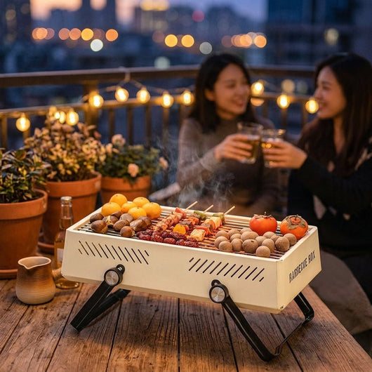 Barbecue charbon portable Savren sur un balcon en soirée