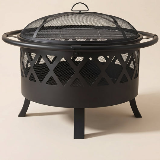 Brasero barbecue 3 en 1 en fer noir avec pare-étincelles et grille de cuisson Fyrnel
