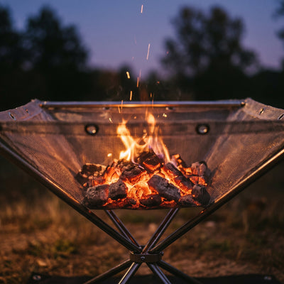 Flammes à travers les parois grillagées du brasero, Azeniah