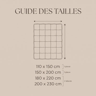 Guide des tailles de la couette d'été : de 110 x 150 à 200 x 230 cm