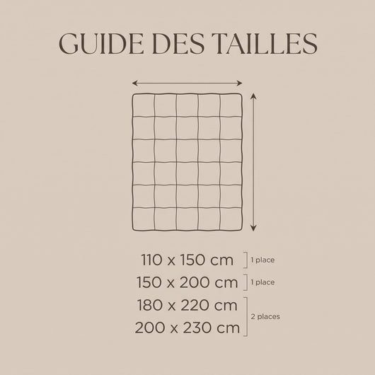 Guide des tailles de la couette d'été : de 110 x 150 à 200 x 230 cm