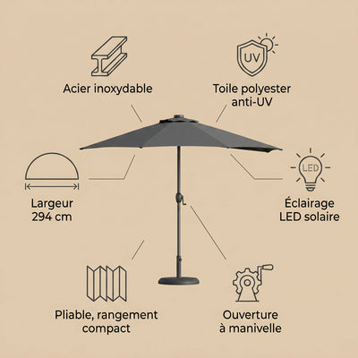 Caractéristiques du demi-parasol de balcon LED solaire Velura