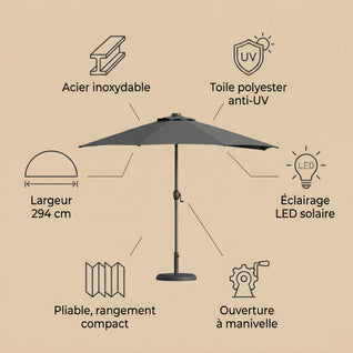 Demi-Parasol de Balcon LED Solaire 294 cm Anti-UV | Velura