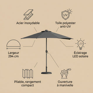 Demi-Parasol de Balcon LED Solaire 294 cm Anti-UV | Velura