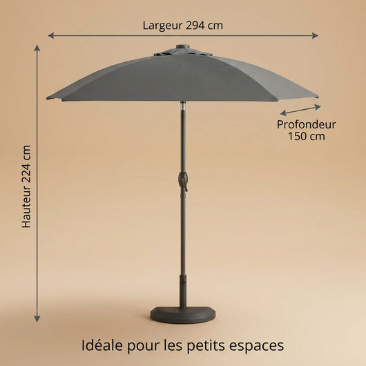 Dimensions du demi-parasol de balcon 294 x 150 x 224 cm