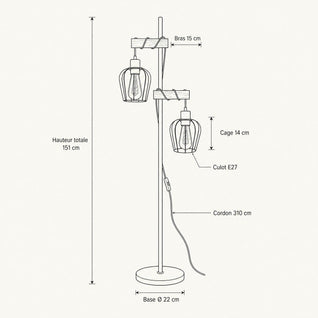 Lampadaire Vintage Bois et Cages Métal 151 cm | Lignara