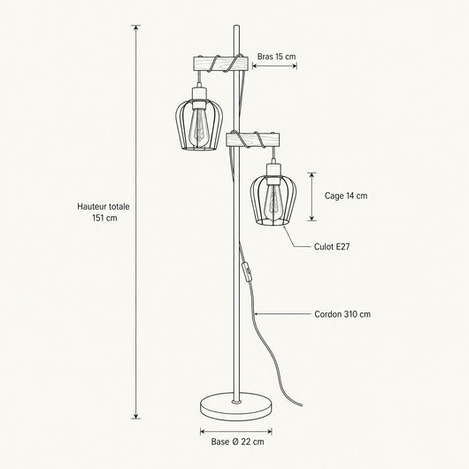Lampadaire Vintage Bois et Cages Métal 151 cm Lignara - Azeniah