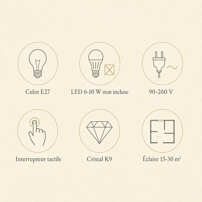 Lampe Cristal K9 Abat-Jour Tissu Tactile E27 Perlonya - Azeniah