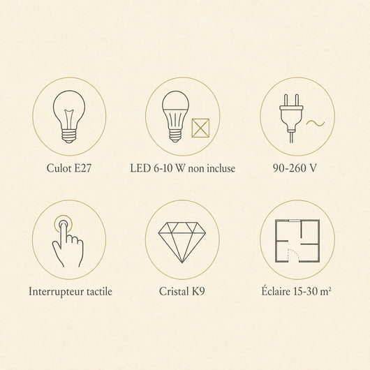 Lampe Cristal K9 Abat-Jour Tissu Tactile E27 Perlonya - Azeniah