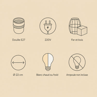 Lustre Industriel Cage Fer et Bois E27 Soranya - Azeniah
