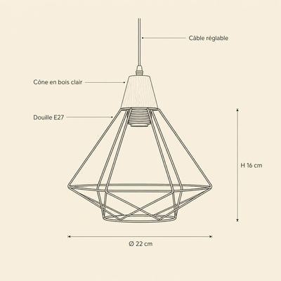 Lustre Industriel Cage Fer et Bois E27 Soranya - Azeniah