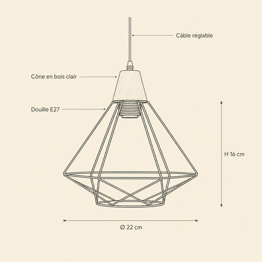 Lustre Industriel Cage Fer et Bois E27 Soranya - Azeniah