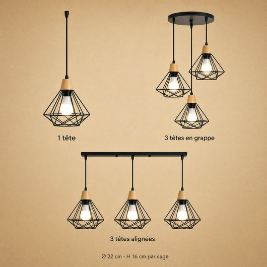 Lustre Industriel Cage Fer et Bois E27 Soranya - Azeniah
