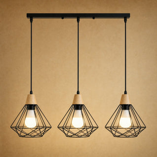 Lustre Industriel Cage Diamant Fer et Bois Clair | Soranya