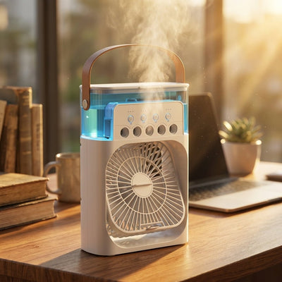Mini rafraîchisseur d'air USB Tisselia sur un bureau en bois