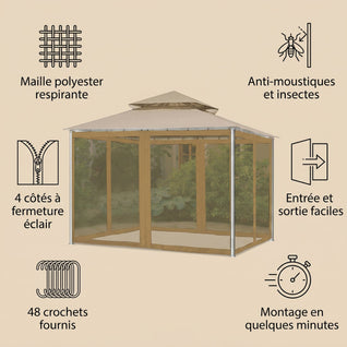 Moustiquaire de Tonnelle 3x3 m 4 Côtés Zippée Anti-Insectes | Brizaly