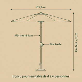Parasol de Jardin Inclinable 2,6 m Aluminium Manivelle Anti-UV | Solvane