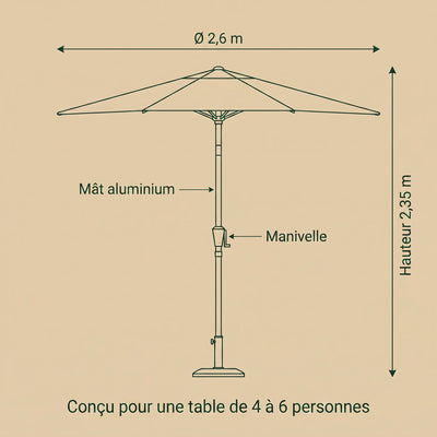Dimensions du parasol de jardin inclinable Solvane : diametre 2,6 m, hauteur 2,35 m