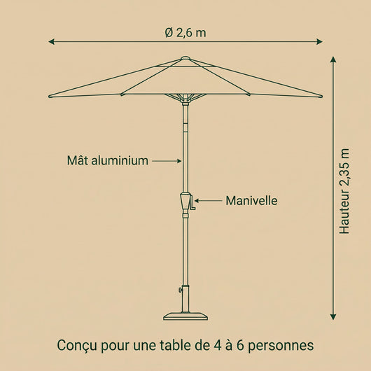 Dimensions du parasol de jardin inclinable Solvane : diametre 2,6 m, hauteur 2,35 m