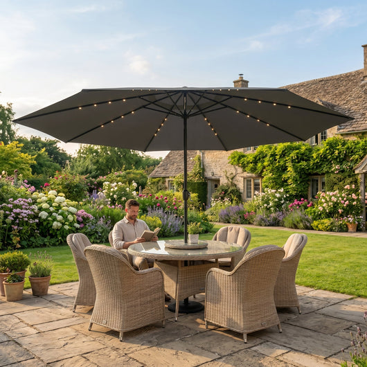 Parasol de jardin LED rectangulaire anthracite ombrageant un salon de jardin