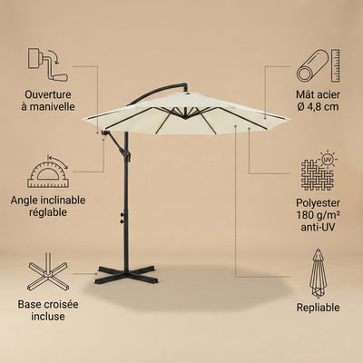 Caractéristiques du parasol déporté Calvane : manivelle, angle réglable, base croisée