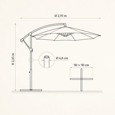 Dimensions du parasol déporté Calvane : Ø 2,95 m, hauteur 2,45 m, base 90 x 90 cm