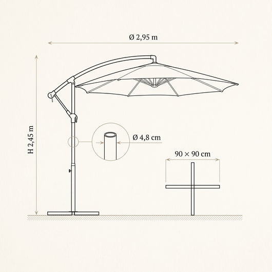 Dimensions du parasol déporté Calvane : Ø 2,95 m, hauteur 2,45 m, base 90 x 90 cm