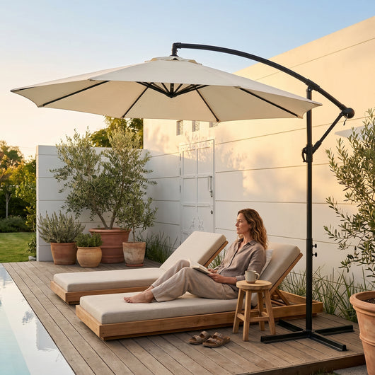Parasol déporté Calvane crème sur terrasse en bois au golden hour