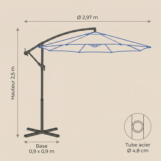 Dimensions du parasol déporté octogonal Ø2,97 m, hauteur 2,5 m, base 0,9 m