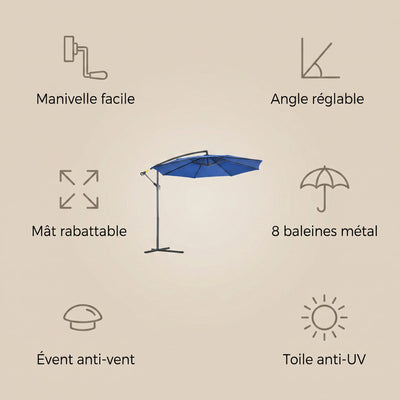 Caractéristiques du parasol déporté octogonal Ombrys : manivelle, angle réglable, anti-UV
