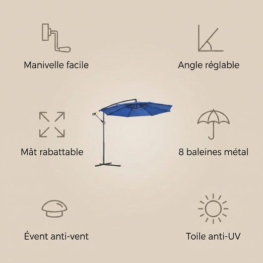 Caractéristiques du parasol déporté octogonal Ombrys : manivelle, angle réglable, anti-UV