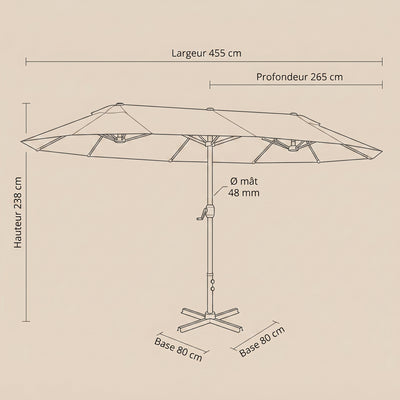 Parasol de terrasse double rectangulaire schema cote, dimensions 455 x 265 cm
