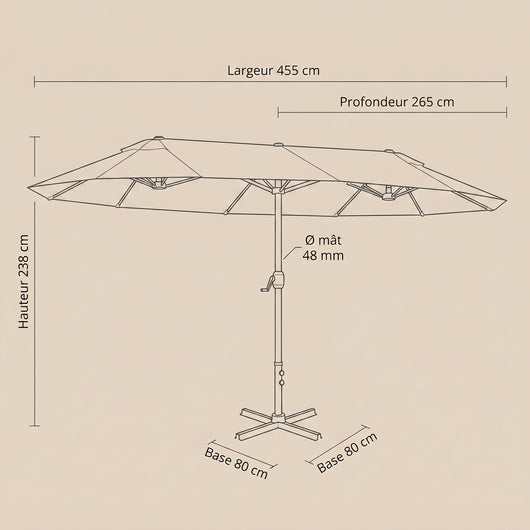 Parasol de terrasse double rectangulaire schema cote, dimensions 455 x 265 cm