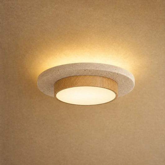 Plafonnier Pierre Travertin et Effet Bois, Ø 22 cm Térréna - Azeniah