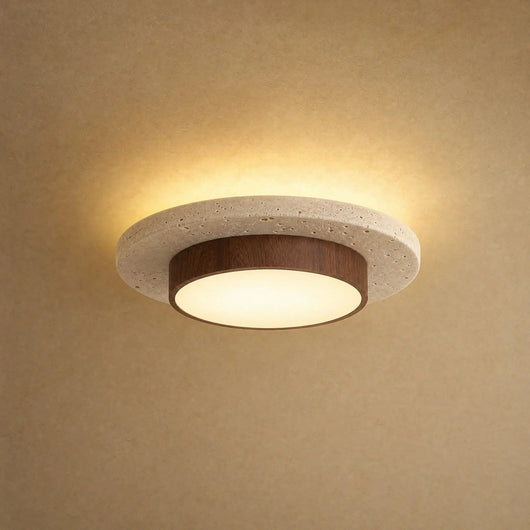 Plafonnier Pierre Travertin et Effet Bois, Ø 22 cm Térréna - Azeniah