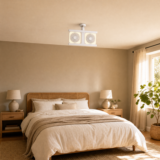 Plafonnier ventilateur double Gemelys au plafond d'une chambre beige, lit 160 cm
