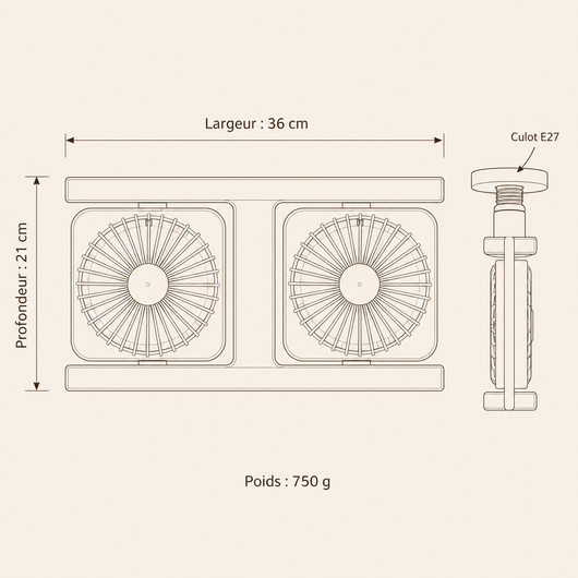 Dimensions du plafonnier ventilateur double Gemelys : largeur 36 cm, profondeur 21 cm, 750 g