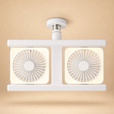 Plafonnier ventilateur double LED E27 Gemelys, packshot fond beige