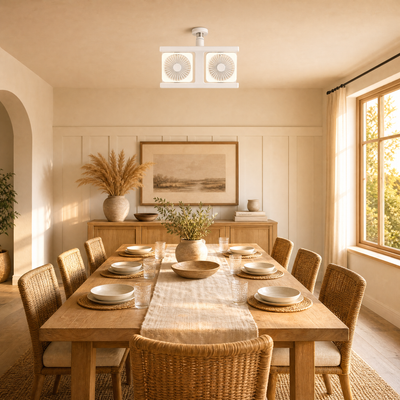 Plafonnier ventilateur double Gemelys au-dessus d'une table de salle à manger